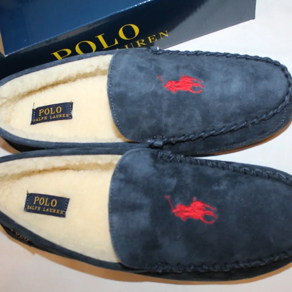 NIB POLO RALPH LAUREN MEN'S SUEDE COMFORT‎ SLIPPERS NAVY BLUE RED